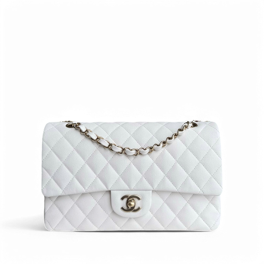 Chanel Classic Flap Medium - Caviar 25CM Quilted Snow White Gold Hardware Microchip