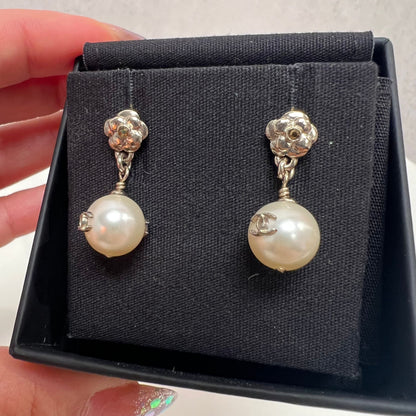 CHANEL Pearl CC Camellia Dangle Earrings Gold
