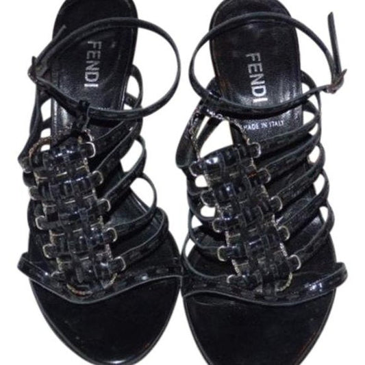 Fendi Black Textured Leather Strappy Pump with Silver Hardware