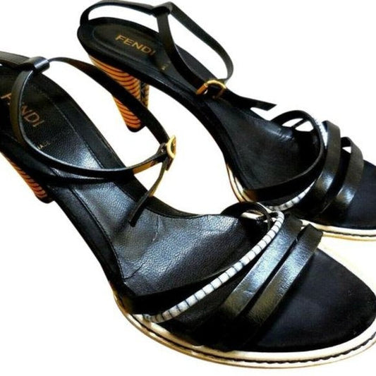 Fendi Vintage Black & White Strappy Sandal Pumps w Cork Heels