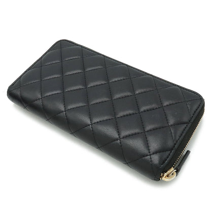 Chanel Wallet Inner Logo Kittening Round Fassner Long Wallet Ram Skin Leather Black Black Silver Gold  AP0041