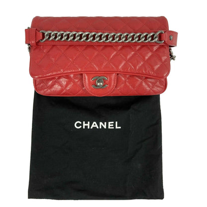 CHANEL Red Crinkled Leather Boy Chain Flap Bag / Silver-Aged - Shoulder Bag