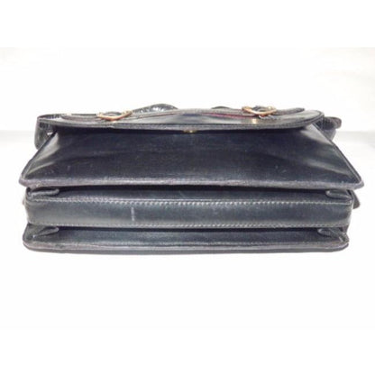 Gucci, black, glossy leather, large, multiple compartment, envelope top, shoulder bag with inlaid red/blue stripe and buckles & unique strap