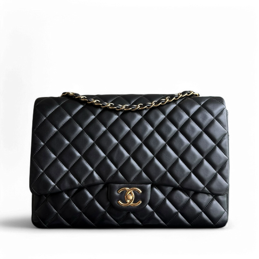 Chanel Classic Flap Maxi - 34CM Quilted Lambskin Double Flap Black Gold Hardware Series 14