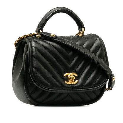 Chanel Coco V Stitch Top Handle  Chain Shoulder Bag Black Leather  CHANEL Middle] Vintage