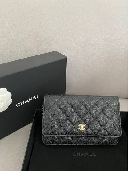Classic Wallet On Chain Crossbody Bag Grained Calfskin Gold Black Chanel