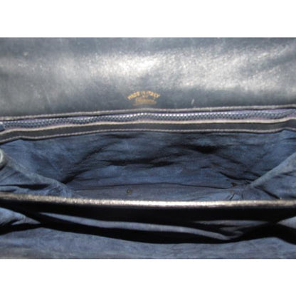 Vintage Gucci midnight blue leather 'Blondie' saddle style, shoulder bag with large, gold 'GG' emblem & multiple compartments