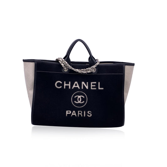 Chanel Black And White Felt Wool Large Deauville Tote Shoulder Bag