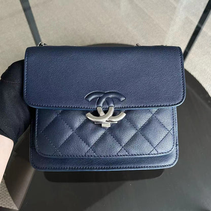 *Full Set, Receipt* Small CC Box Flap Bag Quilted Calfskin Dark Blue Silver Hardware Series 25