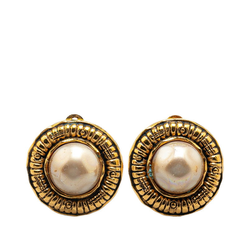 Chanel Gold Plated Round Faux Pearl Clip Earrings