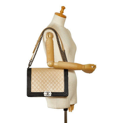 Chanel Large Bicolor Le Boy Flap Bag Leather Shoulder Bag in Good condition