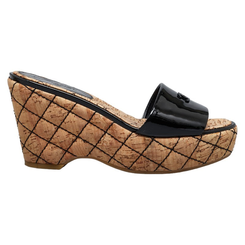 Chanel Patent Wedge Sandals Black Beige