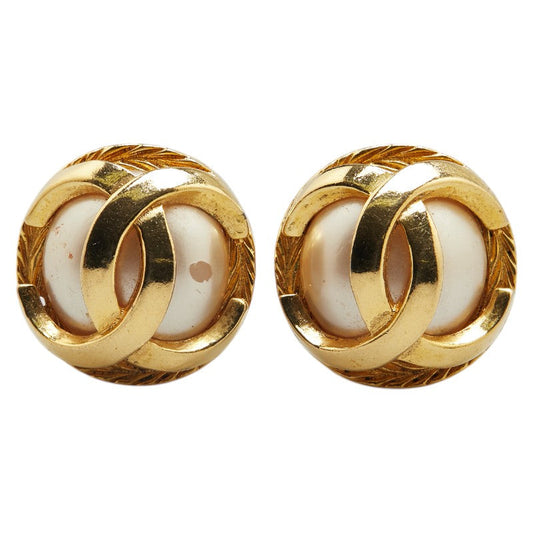 Chanel Gold Plated Coco Mark Faux Pearl Earrings
