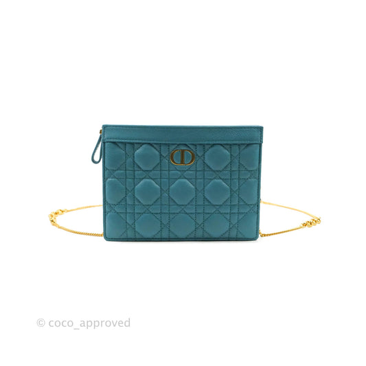 Dior Caro Zipped Pouch With Chain Azure Blue Supple Cannage Calfskin