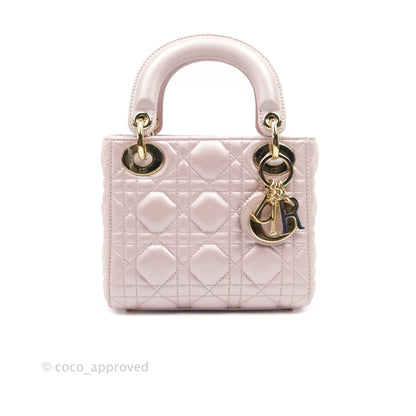 Christian Dior Mini Lady Dior Bag Cannage Lambskin Iridescent Pink Gold Hardware