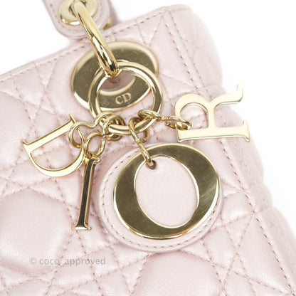 Christian Dior Mini Lady Dior Bag Cannage Lambskin Iridescent Pink Gold Hardware