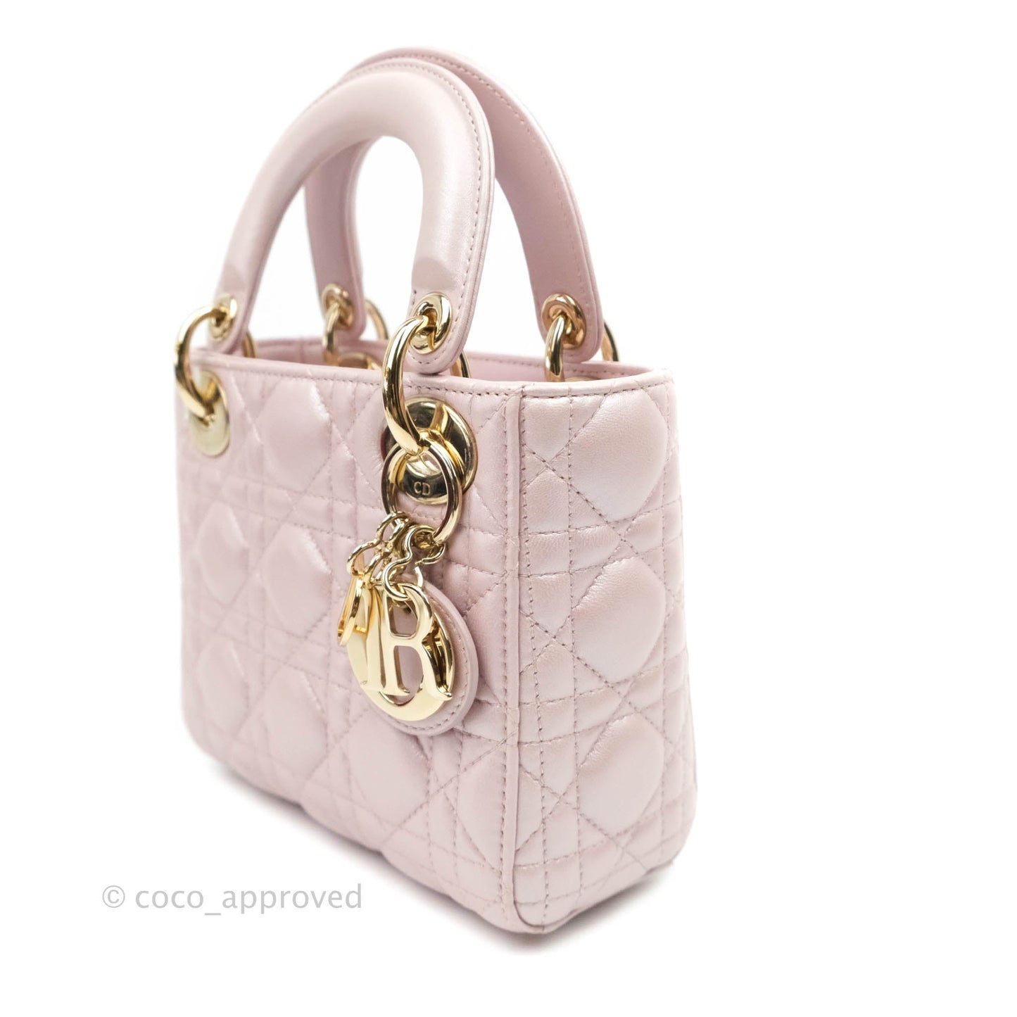 Christian Dior Mini Lady Dior Bag Cannage Lambskin Iridescent Pink Gold Hardware