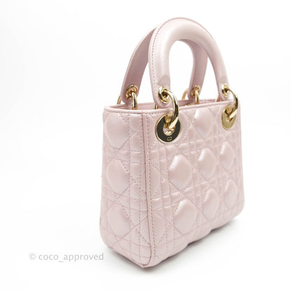 Christian Dior Mini Lady Dior Bag Cannage Lambskin Iridescent Pink Gold Hardware