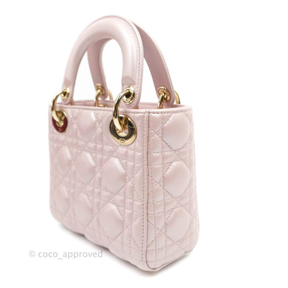 Christian Dior Mini Lady Dior Bag Cannage Lambskin Iridescent Pink Gold Hardware