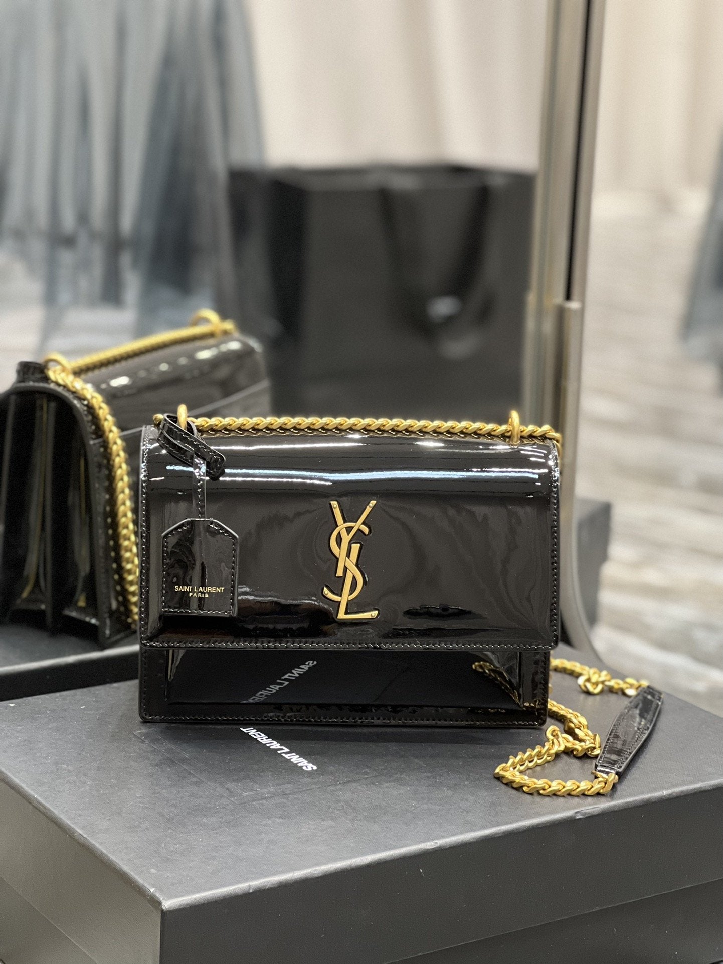 YSSL Sunset Medium Chain Bag For Women 8.6in/22cm Black YSL