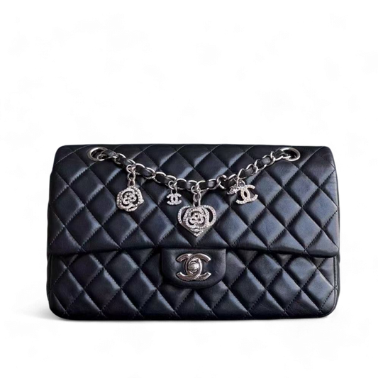 Chanel Classic Flap Medium Bag - Valentine Seasonal Edition Quilted Lambskin Black Golden Hardware Series 19