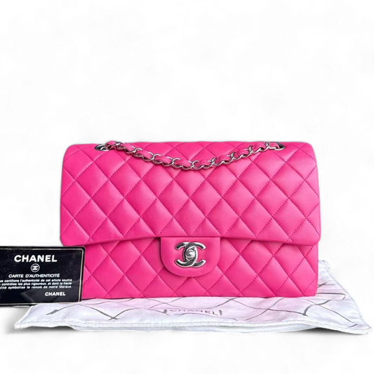 Chanel Classic Flap Medium Bag - Quilted Lambskin Hot Pink Silver Hardware Series 19