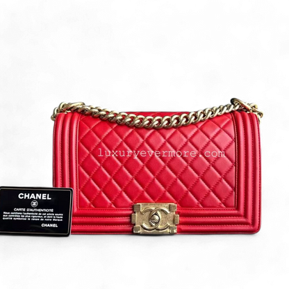 Le Boy Old Medium 25CM Quilted Lambskin Red Leboy Golden Hardware Series 21