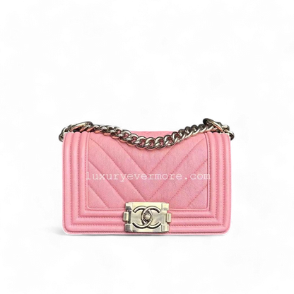 Chanel Boy Small - Caviar Chevron Calfskin Sakura Pink Golden Hardware Series 27