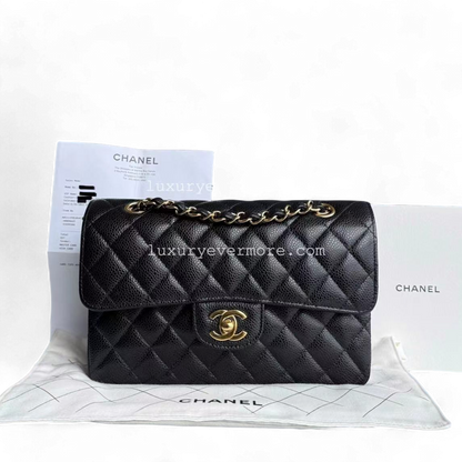 *Microchip, Full Set Receipt* Chanel Small Caviar Classic Flap Quilted Black Golden Hardware
