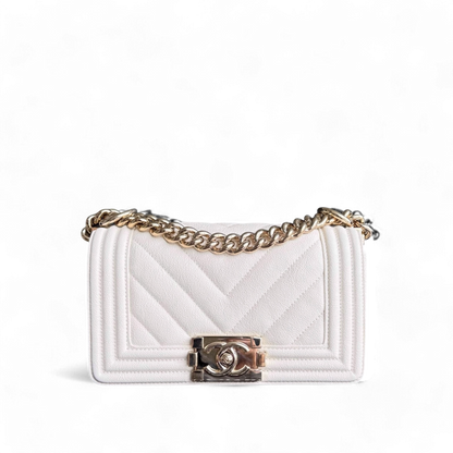 Chanel Boy Small - Caviar 20CM Chevron Cream White Gold Hardware Series 29
