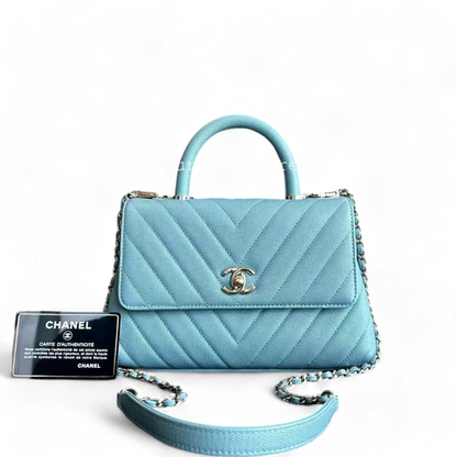 Chanel Coco Handle - Caviar Small Chevron Blue Light Gold Hardware Series 29