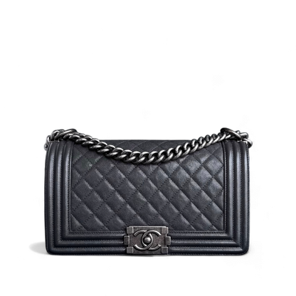 Chanel Boy Medium - Caviar 25CM Quilted Iridescent Grey Gray Ruthenium Silver Hardware Series 26