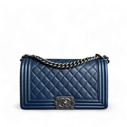 Chanel Boy Medium - Caviar 25CM Quilted Dark Navy Blue Ruthenium Silver Hardware Series 25
