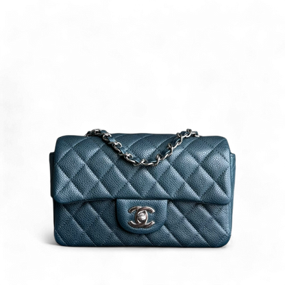 Chanel Classic Flap Mini - Caviar 20CM Rectangle Quilted Dark Green Blue Silver Hardware Series 20