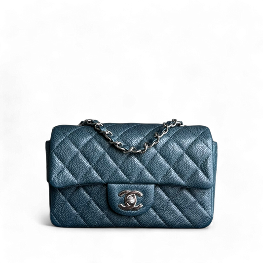 Chanel Classic Flap Mini - Caviar 20CM Rectangle Quilted Dark Green Blue Silver Hardware Series 20