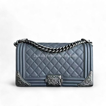 Chanel Boy Medium - 25CM Calfskin Quilted Limited Edition Metal Edges Leboy Ruthenium Silver Hardware Series 19