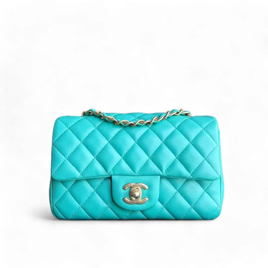 Chanel Classic Flap Mini - 20CM Rectangle Quilted Lambskin Cyan Gold Hardware