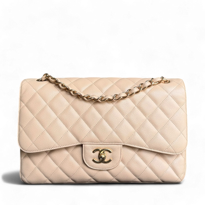 Chanel Classic Flap Jumbo - Caviar 30CM Double Flap Quilted Beige Gold Hardware Series 14