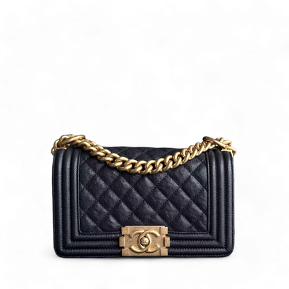 Chanel Boy Small - Caviar 20CM Quilted Dark Midnight Blue Gold Hardware