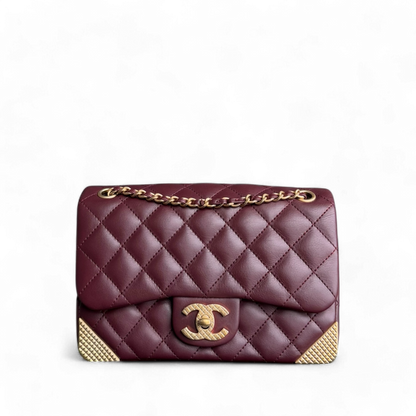Chanel Rock The Corner Flap Small - 20CM Quilted Calfskin Burgundy Gold Hardware Series 24