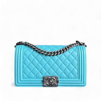Chanel Boy Medium - 25CM Quilted Lambskin Cyan Blue Ruthenium Silver Hardware Series 19
