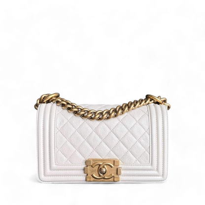 Chanel Boy Small - Grained Calfskin Quilted Cream White Gold Hardware Series 20