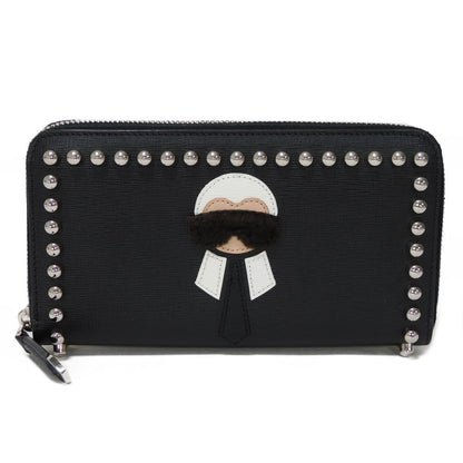FENDI Long Wallet Purse 8M0299 Calf leather x fur black Studs Karl Lagerfeld Zip Around Wallet Women