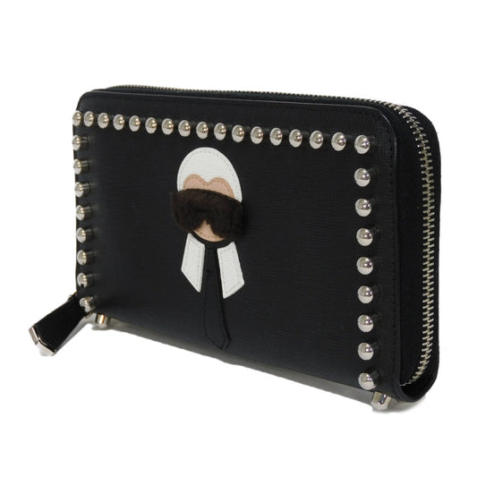 FENDI Long Wallet Purse 8M0299 Calf leather x fur black Studs Karl Lagerfeld Zip Around Wallet Women