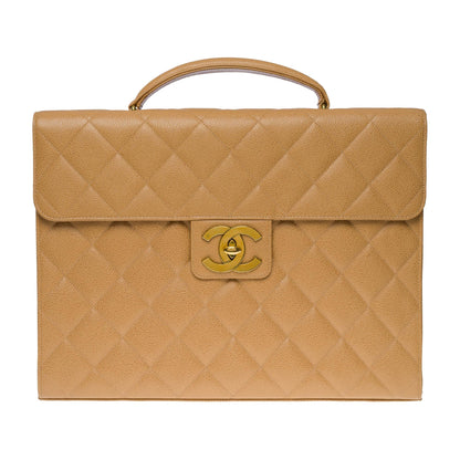 CHANEL Amazing vintage Briefcase in beige caviar leather, GHW