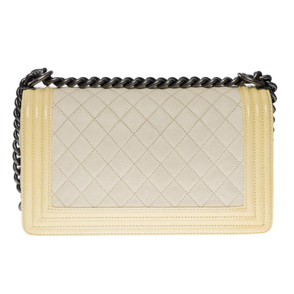 Chanel Boy medium shoulder bag in beige caviar & Yellow patent leather, SHW