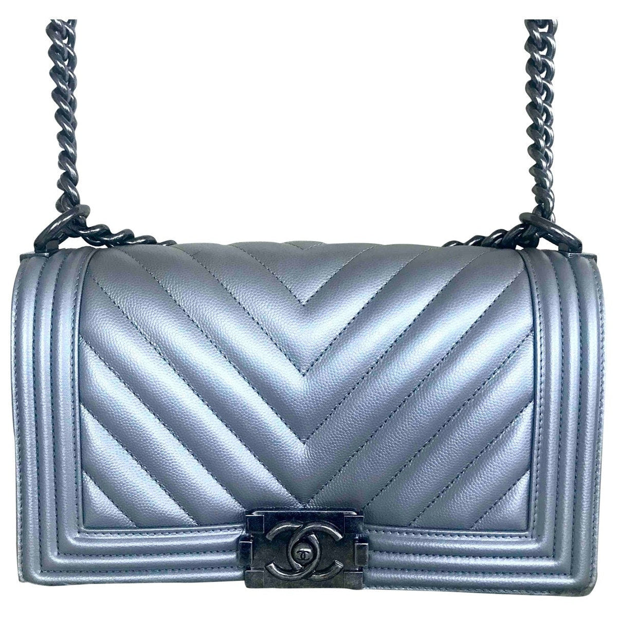 Chanel boy silver leather handbag