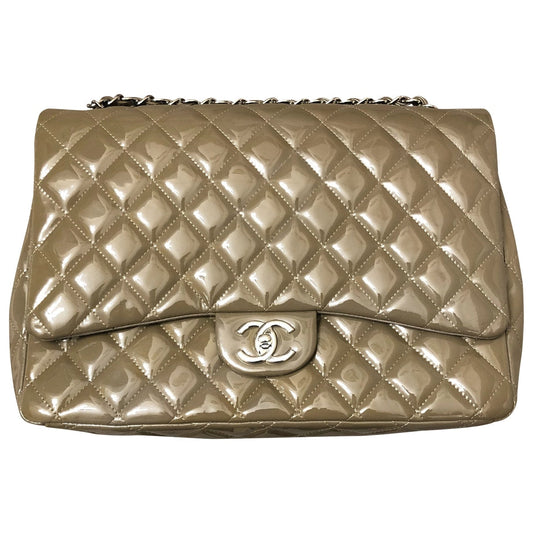 Chanel timeless/classique khaki patent leather handbag