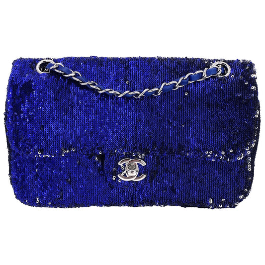 Chanel timeless/classique blue glitter handbag