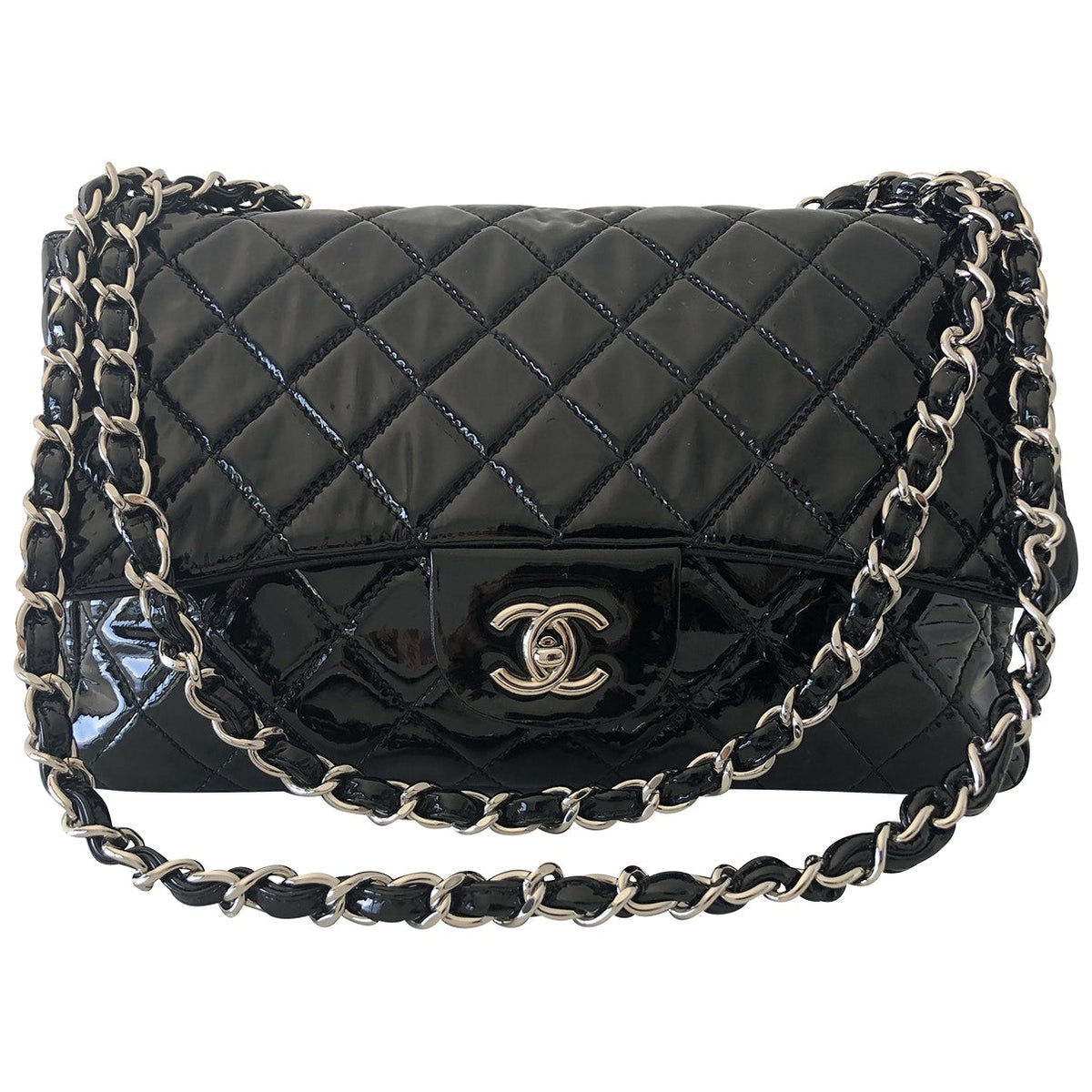 Chanel timeless/classique black patent leather handbag